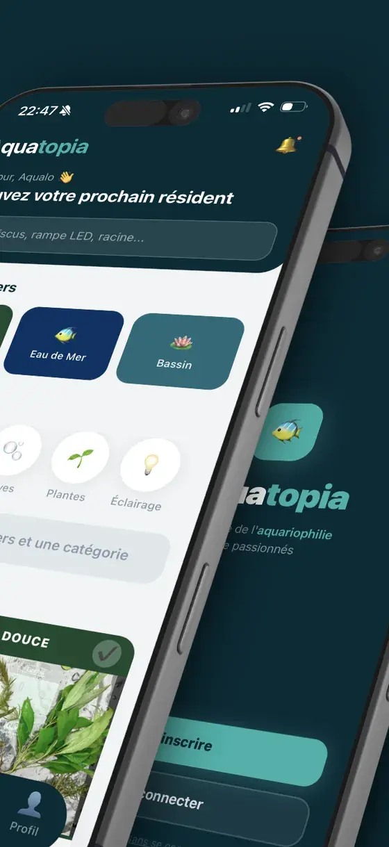 Application Aquatopia - recherche d'annonces par catégorie : vivant, plantes, éclairage, cuves