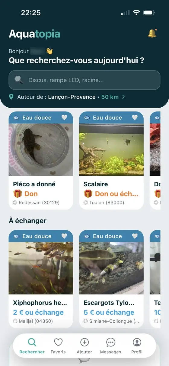Application Aquatopia : annonces d'aquariophilie à donner et à échanger près de chez soi, poissons, plantes et matériel d'aquarium